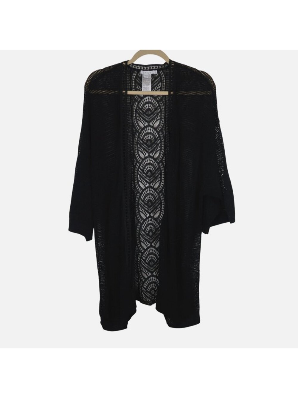 Chicos 3 XL Crochet Knit Open Cardigan Black Lace Back Detail Witchy Dark Boho